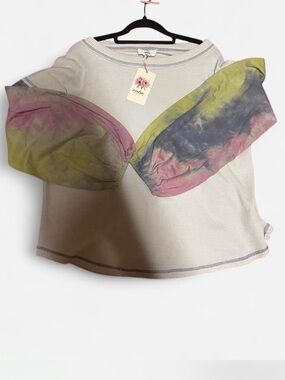 Entro Waffle Knit Top with Pink, Green & Gray Tie-Dye Puff Sleeves